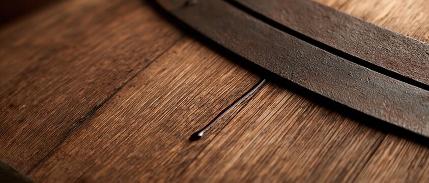 Artisan craftsmanship meets tradition in this moody macro shot of a weathered oak barrel top, iron hoops, and rich wood grain. Perfect for winery, distillery, whiskey, or premium beverage.