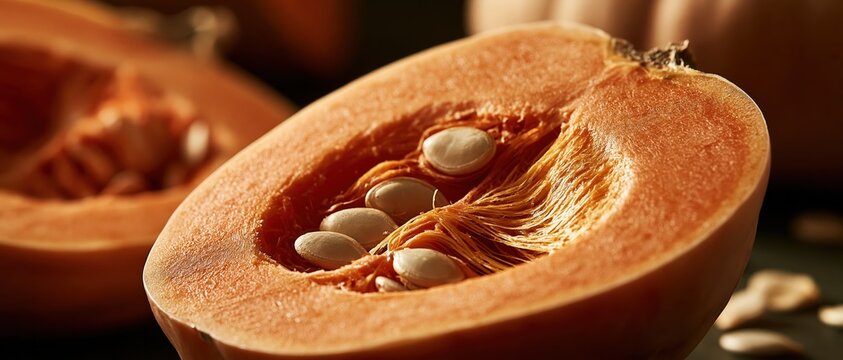 Warm autumn harvest mood captured in dramatic macro detail halved pumpkin reveals fibrous interior, white seeds, and rich orange flesh. Perfect for fall cooking, seasonal wellness, and.