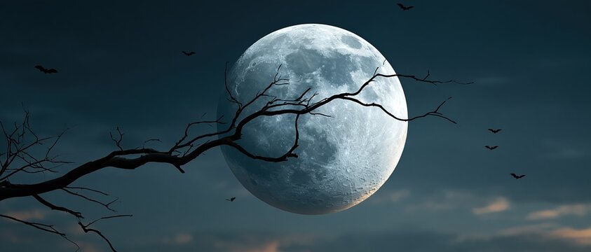 Perfect for Halloween campaigns, horror book covers, and gothic branding. Dramatic full moon dominates a dark blue sky, flanked by bare branches and flying bats in eerie cinematic.