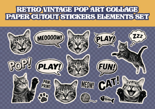 Retro vintage pop art collage paper cutout stickers elements set showcasing halftone cat portraits comic speech bubbles and feline icons in grainy magazine scrapbook style for creative design work