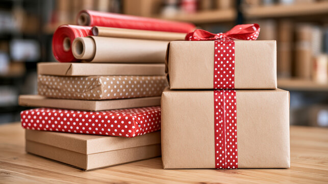 Christmas gift wrapping supplies with kraft boxes red ribbons and paper rolls