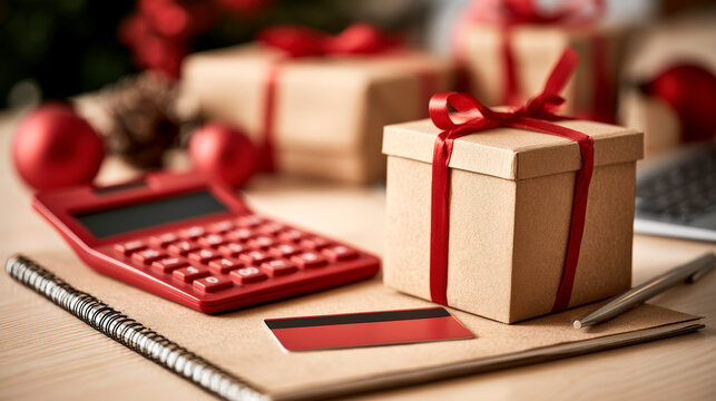 Christmas budget planning with calculator credit card gift box and notebook expenses