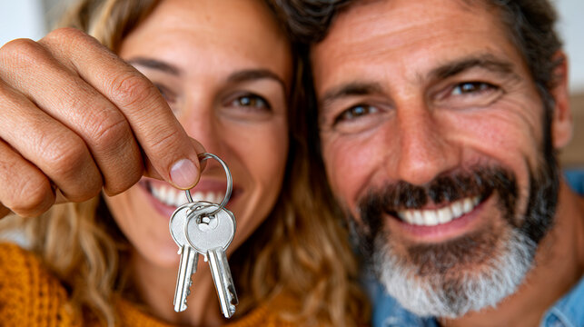 Happy couple holding house keys celebrating becoming new homeowners together indoors smiling