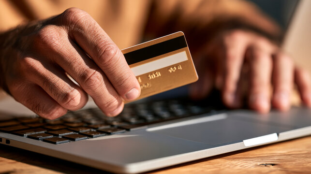 Person using credit card and laptop to complete secure online payment transaction