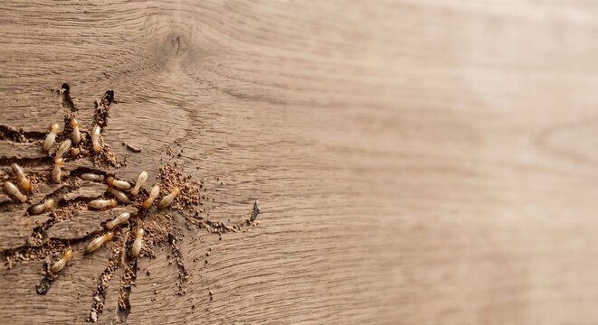 High-quality photorealistic image of termites infesting and damaging a wooden surface. The composition features a clean, soft-lit wooden texture on one side and extensive negative space (copy space) o