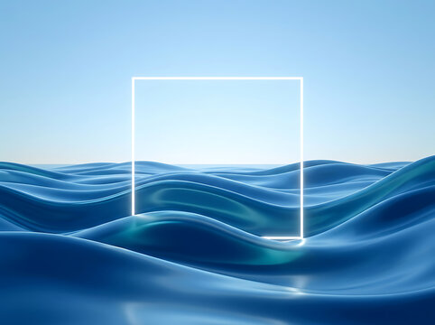 Abstract 3d render of a glowing white square frame hovering over calm blue ocean waves under a clear sky, minimalist background