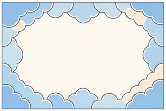 Blue cartoon cloud frame border on cream background with empty center background childish template illustration copy space greeting invitation decoration