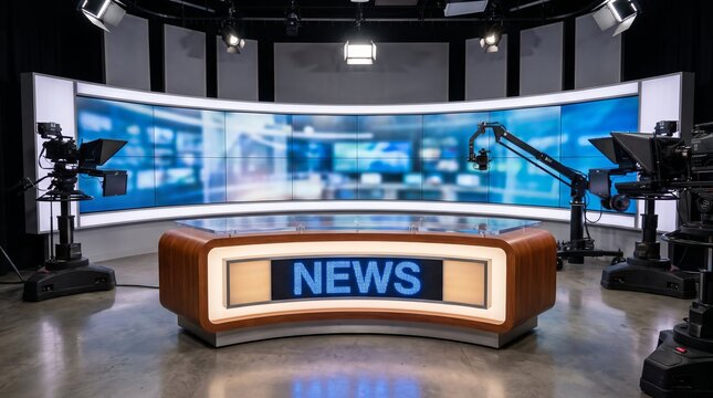 Contemporary newsroom featuring sleek 'NEWS' anchor desk, professional television studio, modern journalism atmosphere