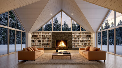 Naklejka premium Cozy modern living room with large windows, beige sofa, fireplace, wooden floor, bookshelf, winter forest view, warm lighting