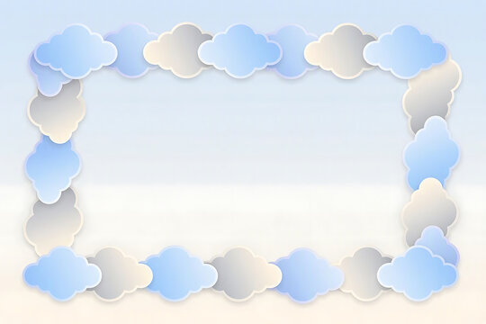 Rectangular paper cut cloud frame border on blue sky background with paper art cute clouds design element baby shower children background pastel colors light blue