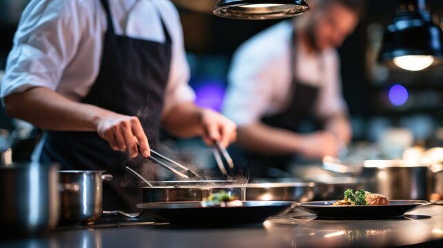 Two chefs in a professional kitchen, preparing food with tongs.