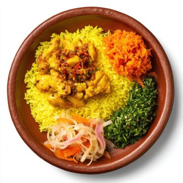 Sri Lankan lunch menu with yellow rice chicken curry isolated on a white background