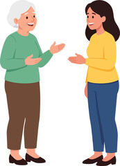 Obraz premium Happy senior mother talking and gesturing with her adult daughter cartoon vector illustration isolated on white background