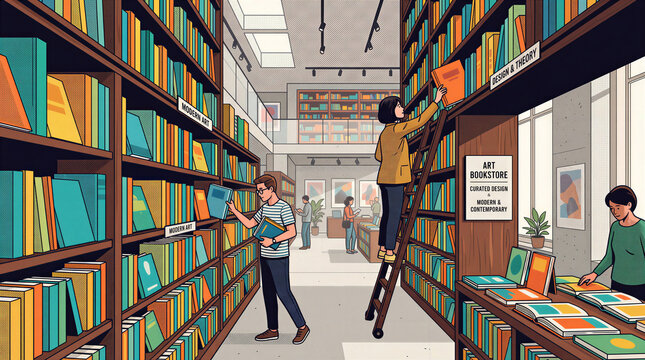 Woman reaching for book on ladder in art bookstore. Modern art section, readers browsing, colorful books, reading environment, education, creative industry.