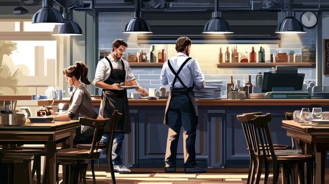 Two men working in a coffee shop, one serving coffee, the other cleaning the counter