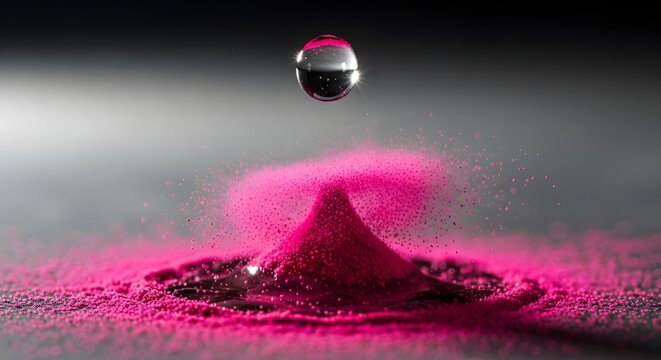 High speed macro photograph of a water droplet falling onto vibrant bright pink powder