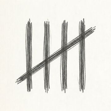 Pencil tally marks counting five on textured paper