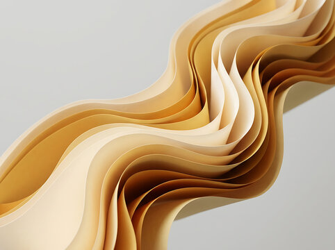Abstract background with flowing layers of paper in shades of beige and yellow, creating a soft, elegant, and minimalist wave pattern