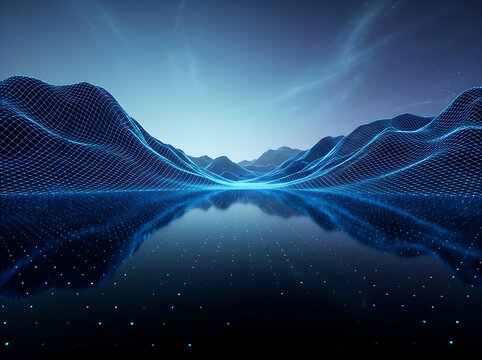 Digital landscape with glowing blue wireframe mountains and reflective surface, abstract technology background representing virtual reality and data visualization