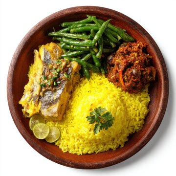 lunch menu with yellow rice fish ambul thiyal green isolated on a white background