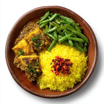 Sri Lankan lunch menu with yellow rice fish ambul thiyal green isolated on a white background
