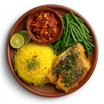 Sri Lankan lunch menu with yellow rice fish ambul thiyal green isolated on a white background