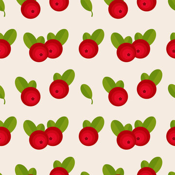 Seamless pattern of red cranberries on a cream background.