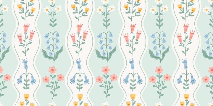 Vintage seamless floral pattern with hand drawn pastel cute flowers in stripe background. Summer spring print. Vector meadow and garden flowers background for fabric design, baby clothes, wallpaper.