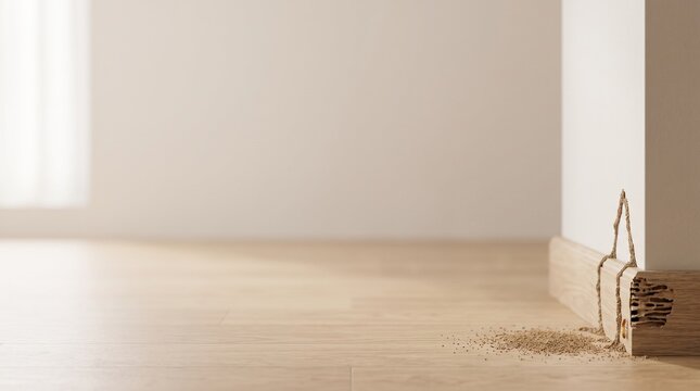 A subtle yet alarming sign of a termite infestation in a modern interior corner. Delicate termite mud tubes (mud shelters) are seen climbing the wooden baseboard, with a small pile of frass 
