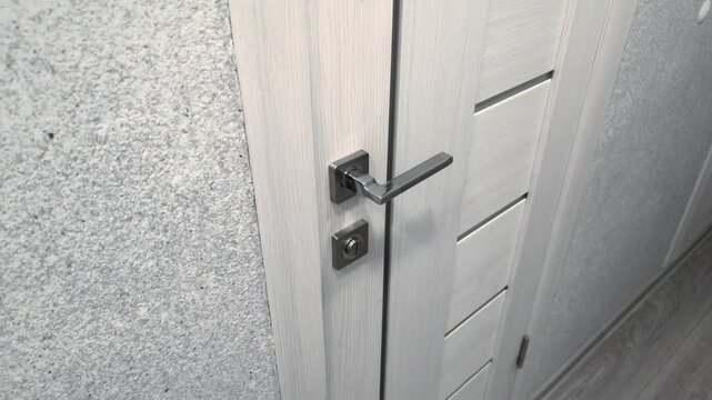Man slams bathroom door hard. Anger, nervousness, resentment concept. Human hand pushing or pulling interior door.