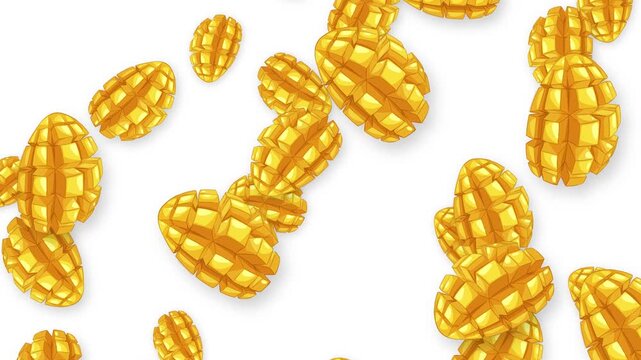 Animation of Sliced Mango Cubes Falling Against a White Background