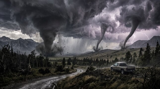 Extreme weather event with multiple tornadoes storming over mountainous rural landscape