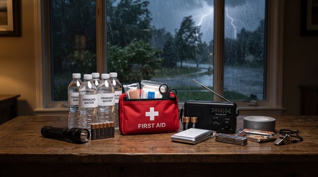 Emergency disaster survival preparedness kit arranged on table during severe thunderstorm