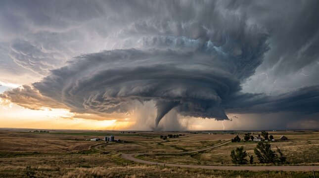 Huge rotating supercell thunderstorm producing tornado and lightning over rural farmland at sunset