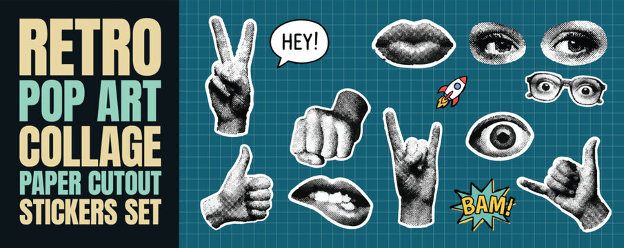 Retro pop art collage paper cutout stickers elements set with halftone eyes, lips, diverse hand gestures, and playful comic elements for trendy vintage designs