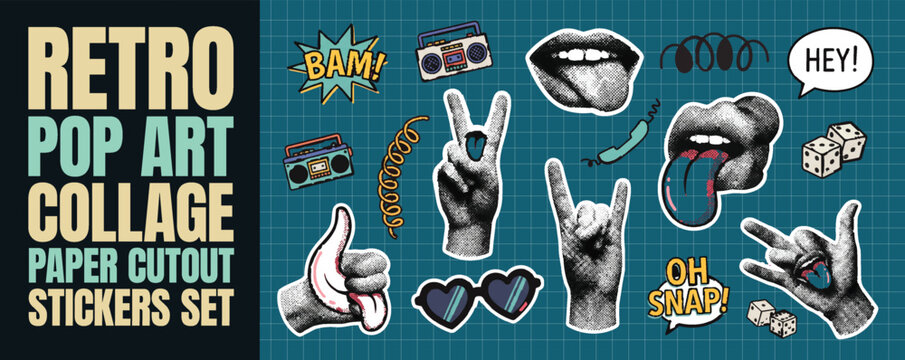 Retro pop art collage paper cutout stickers elements set with halftone lips, diverse hand gestures, and playful comic elements for trendy vintage designs
