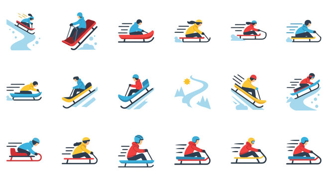 Collection of flat design icons depicting people sledding down snowy hills in various styles of sleds.