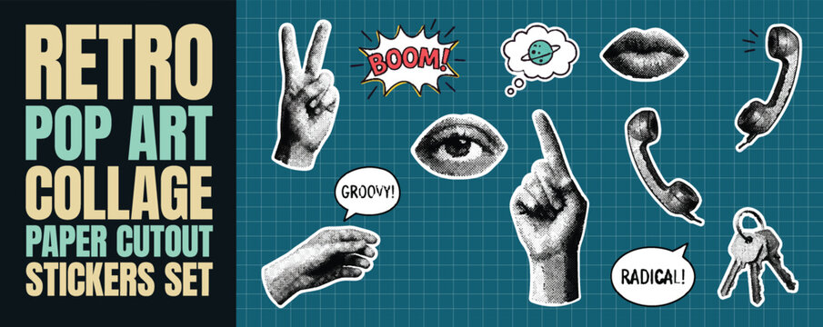 Retro pop art collage paper cutout stickers set featuring vintage comic elements like lips hands phone glasses and speech bubbles in a playful dotted halftone style for graphic design