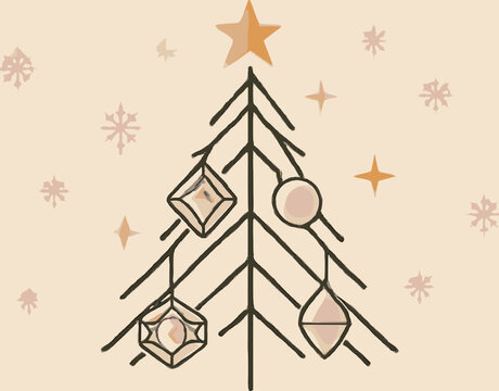 A minimalist, hand-drawn illustration of a Christmas tree adorned with geometric ornaments and a star on top, set against a soft, beige background with scattered snowflakes and stars.