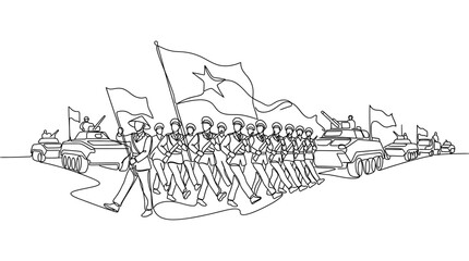 Fototapeta premium Continuous Line Drawing of Soldiers Marching in Military Parade with Armored Vehicles and Flags