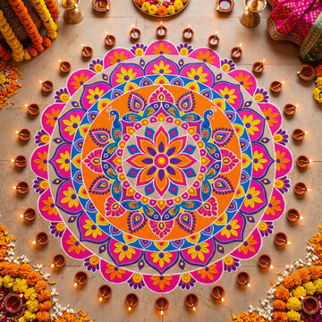 Vibrant traditional rangoli mandala featuring intricate floral geometry and colorful decorative patterns, representing the artistic spirit of Diwali celebrations