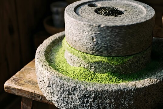 Close-up of a traditional granite stone mill slowly grinding tencha into matcha, fine bright jade powder emerging from the seam between the stones and forming a soft ring at the base.