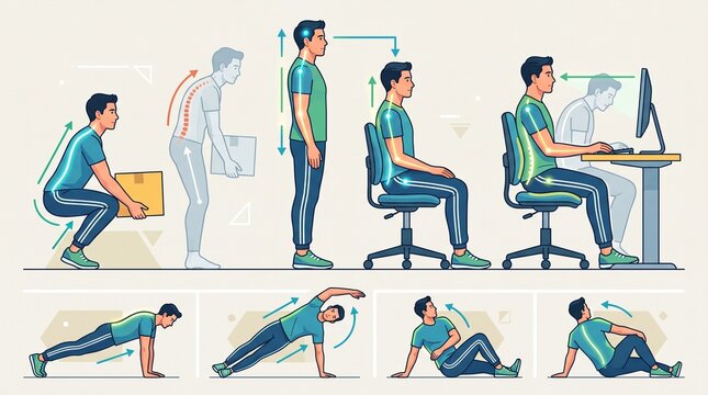 Illustrated guide to ergonomic posture and stretching exercises for office workers with demonstrates series ergonomic exercises designed prevent