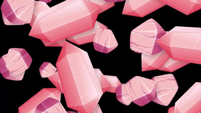 Falling Pink Crystal Gemstones Animation on Black Background