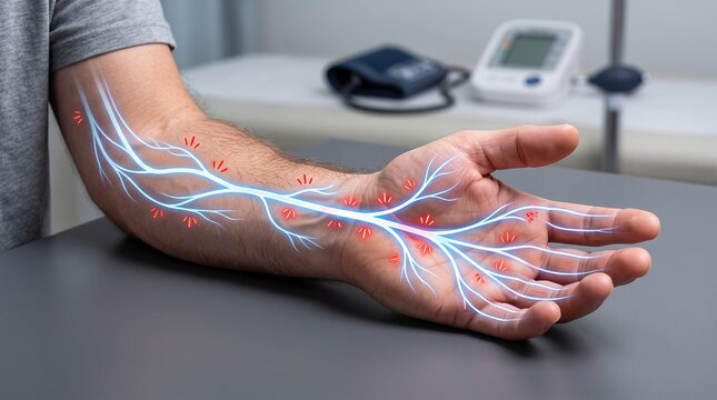 Human arm displaying nerve pathways and pressure points for medical education with clinical background educational transparent overlay human