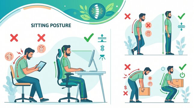 Illustrated guide to correct sitting and lifting postures for spinal health with demonstrates proper improper sitting health prevent discomfort