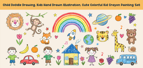 Fototapeta premium Cute colorful kid crayon painting set featuring wild animals happy people house and space elements in doodle illustration style for children book decoration and educational graphic design.