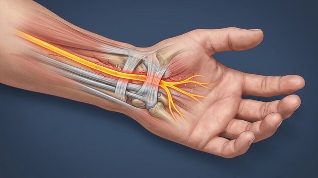 Anatomical illustration of wrist nerve pathways with surgical fixation device with transparent surgical stabilization stabilization plate screws
