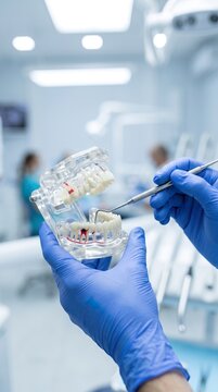 Close-up of a dentist's hands in blue sterile gloves using a metal probe to point at a transparent anatomical jaw model showing tooth roots. Blurred clinic background. Perfect for dentistry