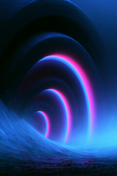 Abstract tunnel with neon lights and textured ground, futuristic design